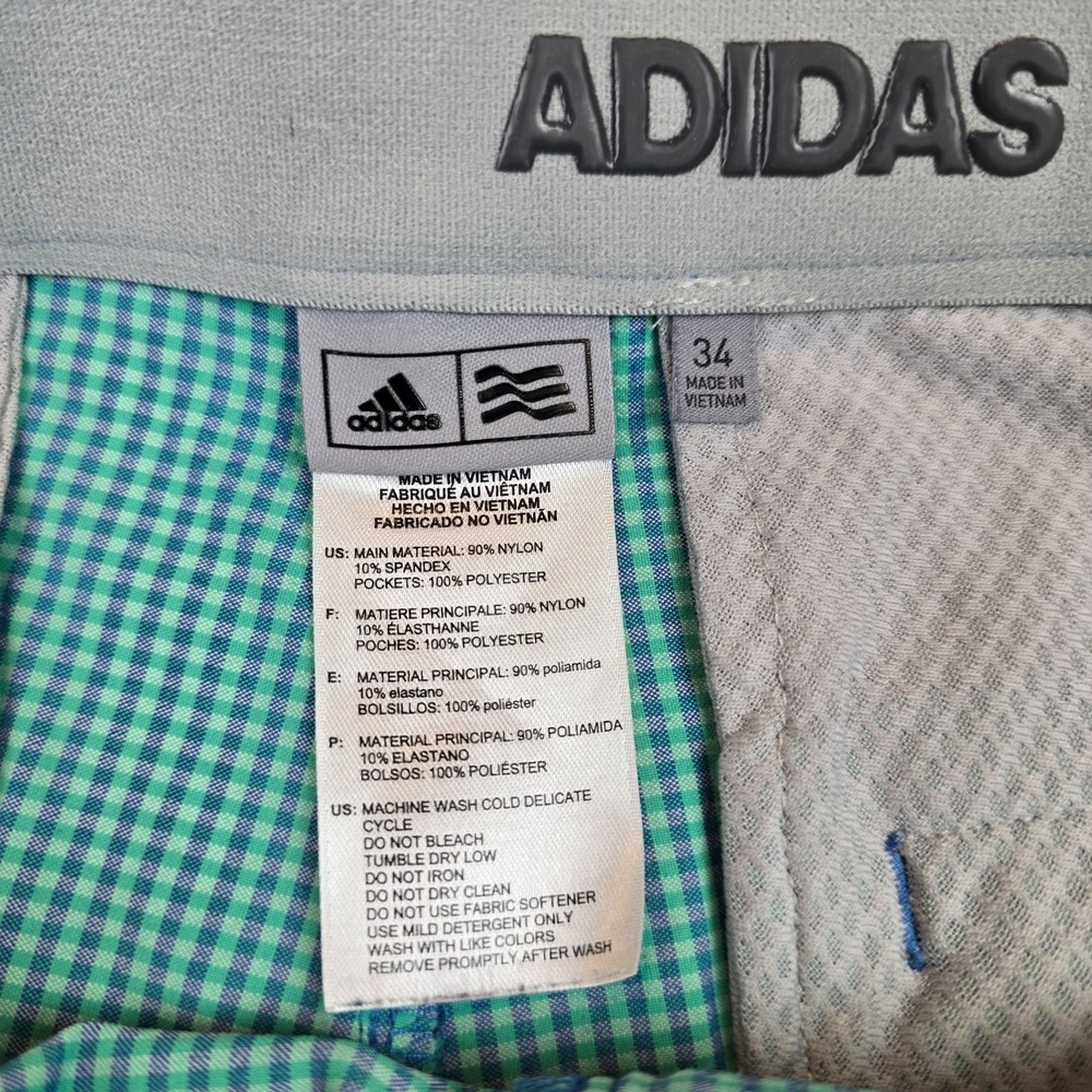 Gingham Plaid Stretch Performance Adidas Golf Shorts Mens 34 Green Blue - Picture 9 of 9